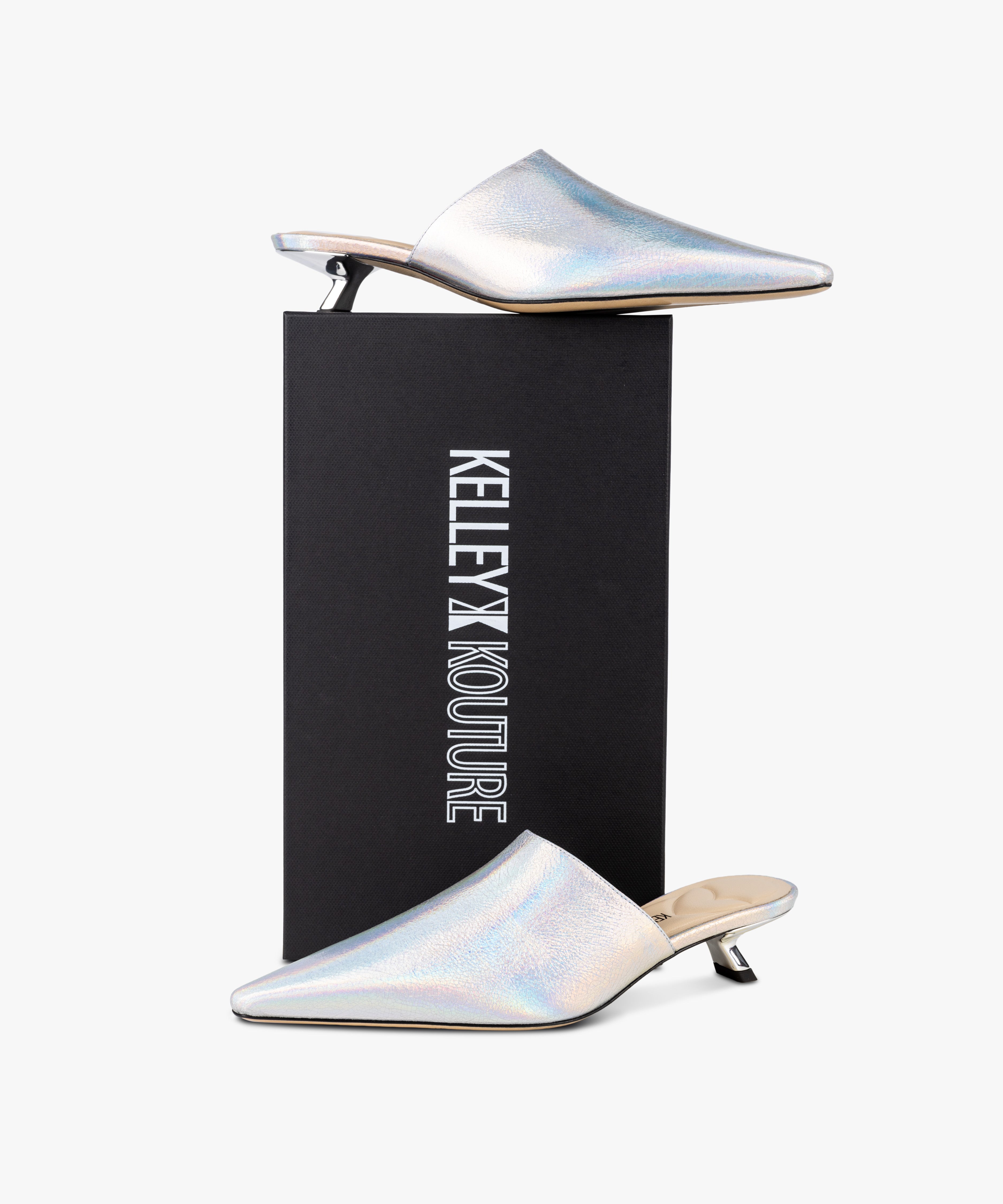 DEBUT - Leather Mule with Pointed Toe and Sculptural Low Kitten Heel from Kelley Kouture