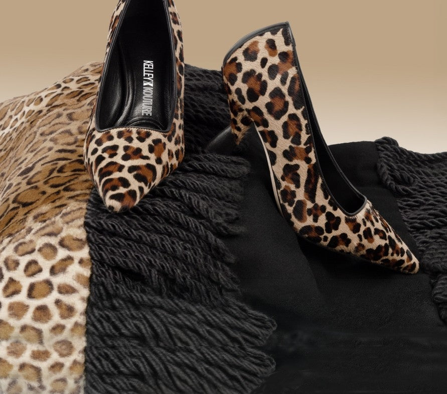KARMA - Leopard Print Pony Hair Leather Pointed Toe Pump with Sculpted Heel - Kelley Kouture