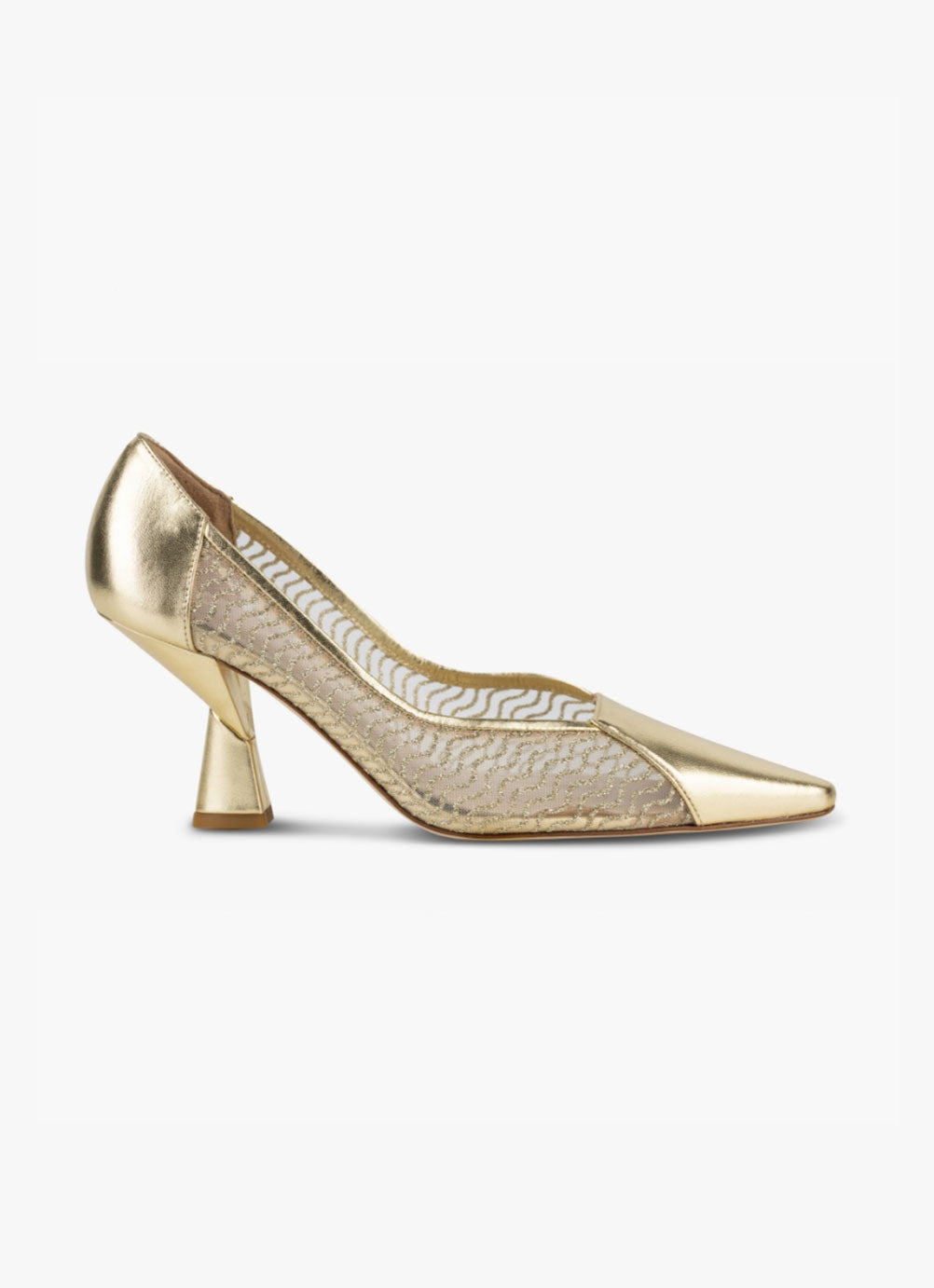 Kismet in gold metallic napa with gold glitter on nude mesh with signature Kelley Kouture patent-pending two-piece K heel.