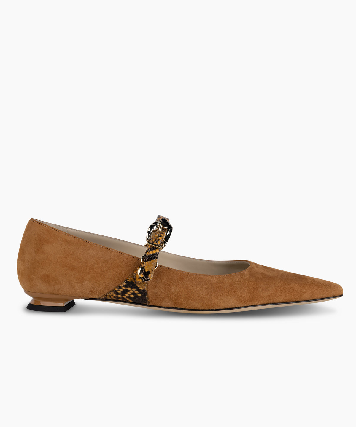 LAINE - Suede Pointed-Toe Mary Jane Flat with Snake Print Buckle Strap and Low Heel - Kelley Kouture from Kelley Kouture