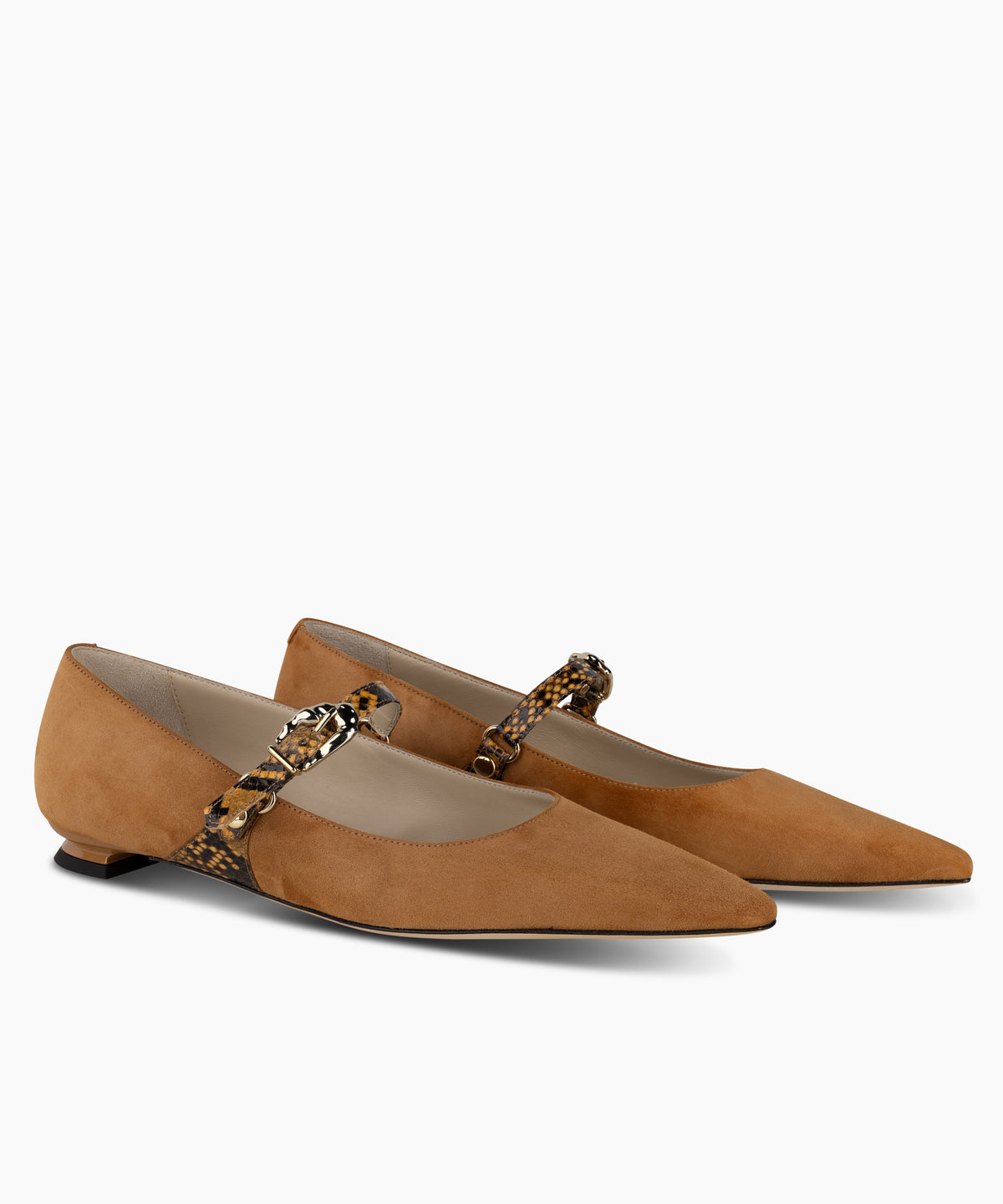 LAINE - Suede Pointed-Toe Mary Jane Flat with Snake Print Buckle Strap and Low Heel - Kelley Kouture from Kelley Kouture