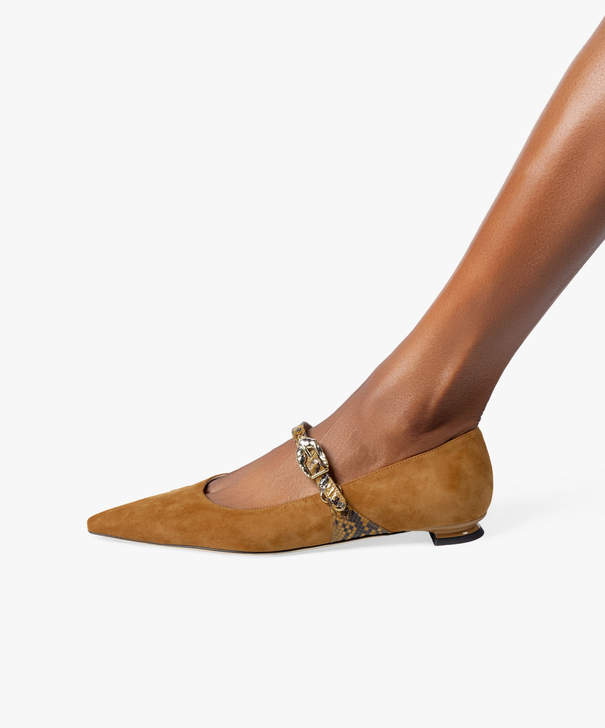 LAINE - Suede Pointed-Toe Mary Jane Flat with Snake Print Buckle Strap and Low Heel - Kelley Kouture from Kelley Kouture
