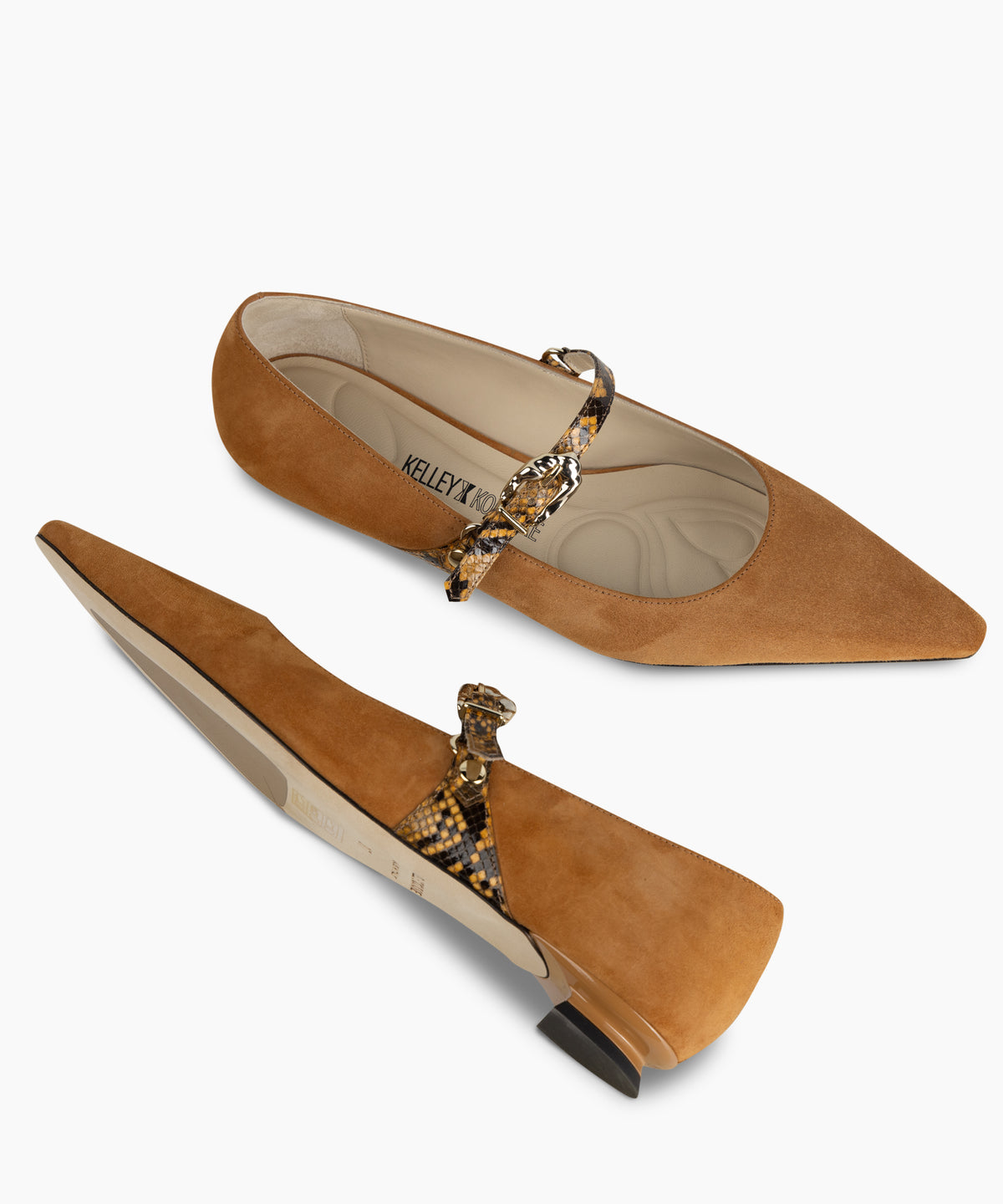 LAINE - Suede Pointed-Toe Mary Jane Flat with Snake Print Buckle Strap and Low Heel - Kelley Kouture from Kelley Kouture