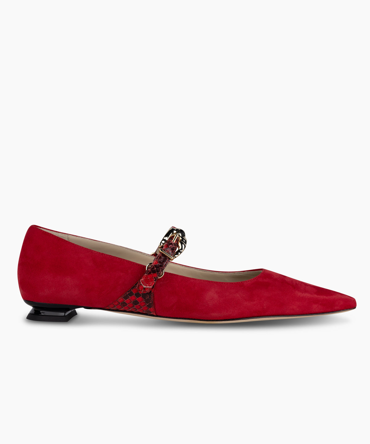 LAINE - Suede Pointed-Toe Mary Jane Flat with Snake Print Buckle Strap and Low Heel - Kelley Kouture from Kelley Kouture