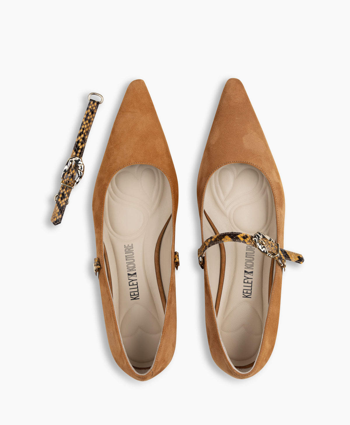 LAINE - Suede Pointed-Toe Mary Jane Flat with Snake Print Buckle Strap and Low Heel - Kelley Kouture from Kelley Kouture