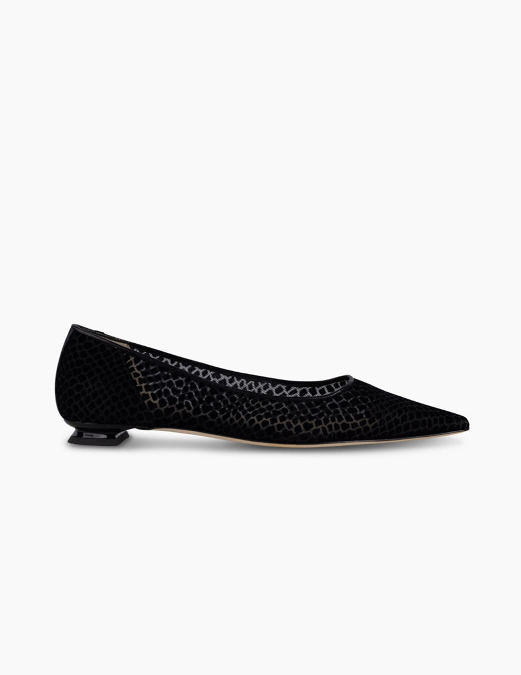 Kelley Kouture Leona black flocked mesh pointed demi-wedge flat pump side view.